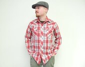 1970s Dan River Southwestern Shirt / Men's Snap Up Shirt / Red and Gray Plaid / NOS / Size Medium