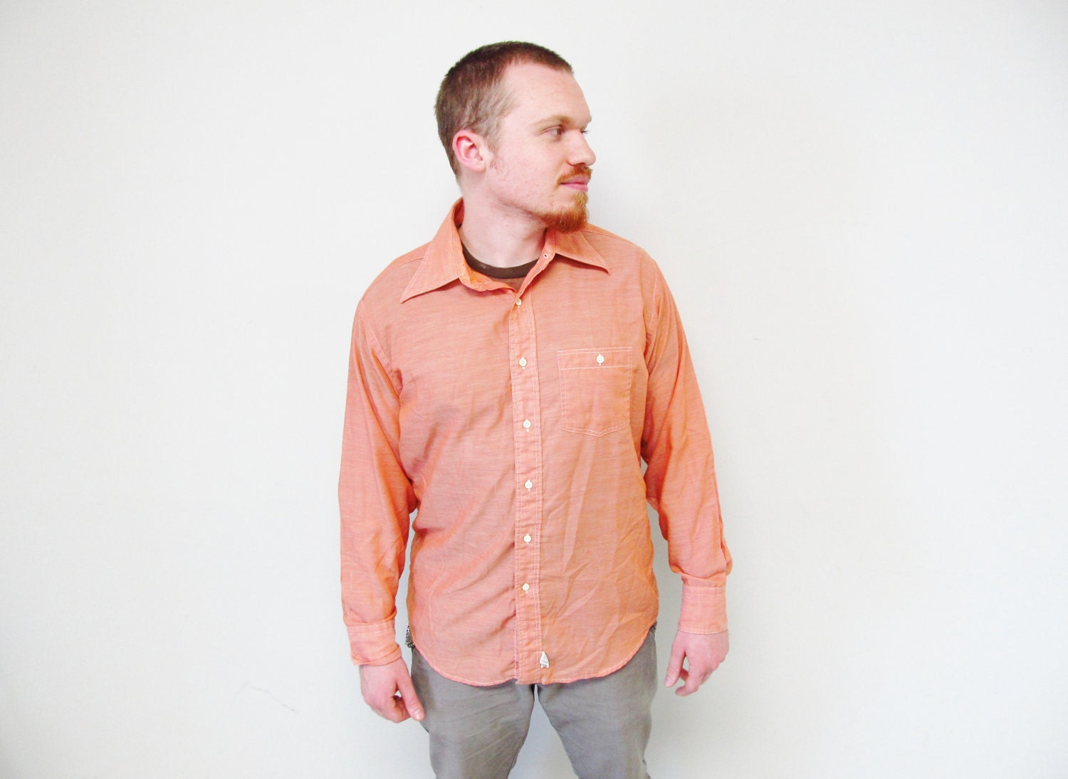 1970s Apricot Button Up Shirt / Men's Dress Shirt / Cotton  / Size Medium - CoyoteMarmalade