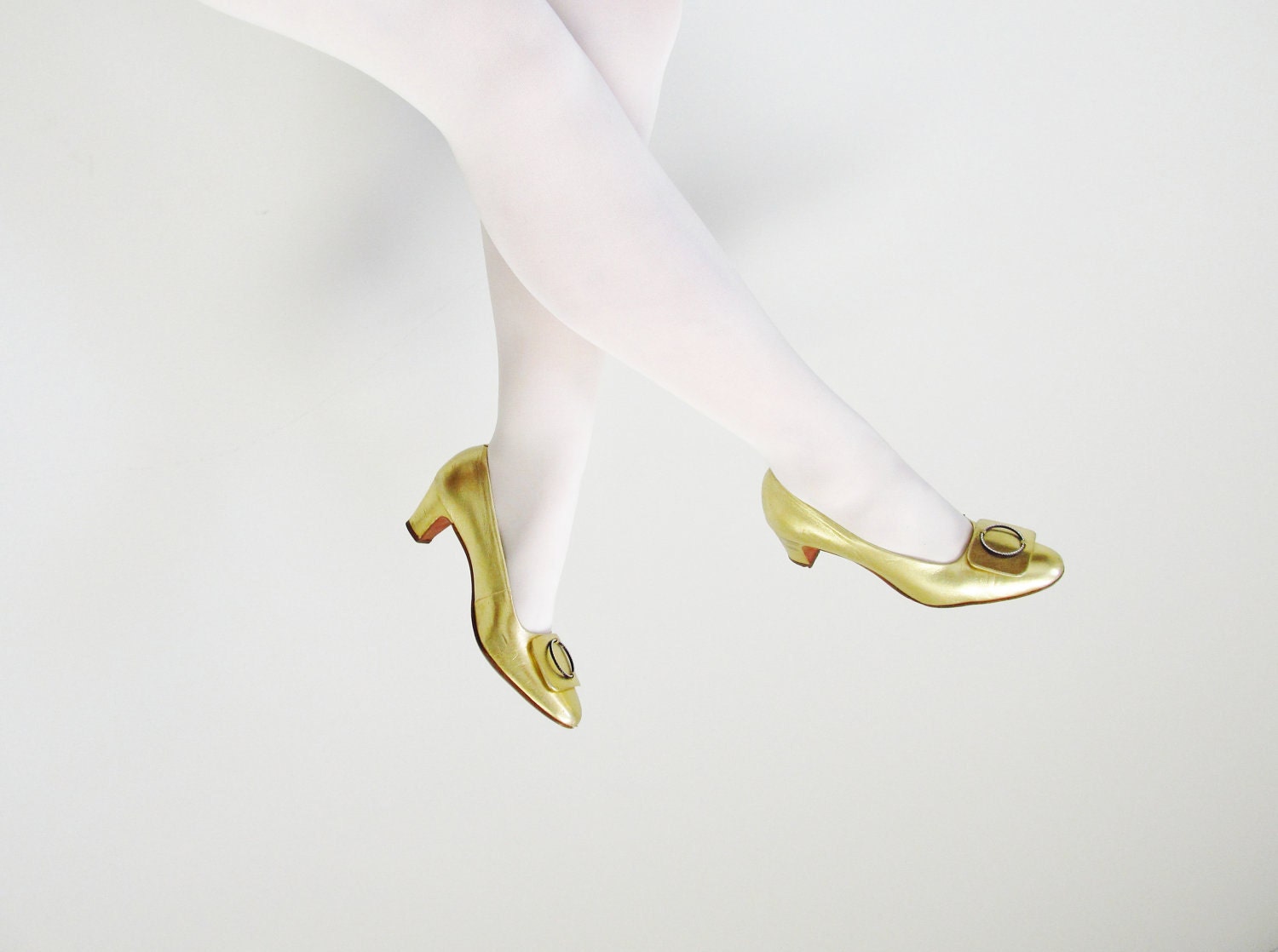 1960s Gold Pumps with Rhinestone Buckles  / Serenades by Florsheim / Metallic Gold Heels / Size 7 - CoyoteMarmalade
