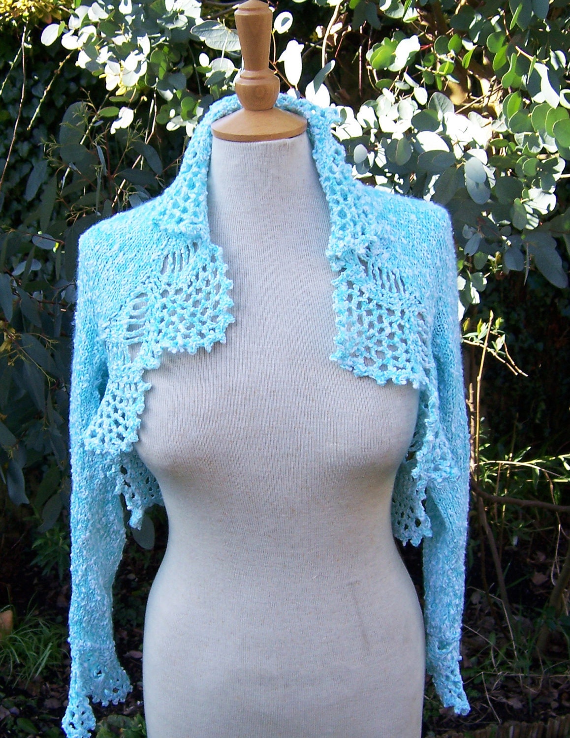 Handknitted Women Longsleeve Bolero/Shrug/Jacket, Crochet, Turquoise and White Bolero