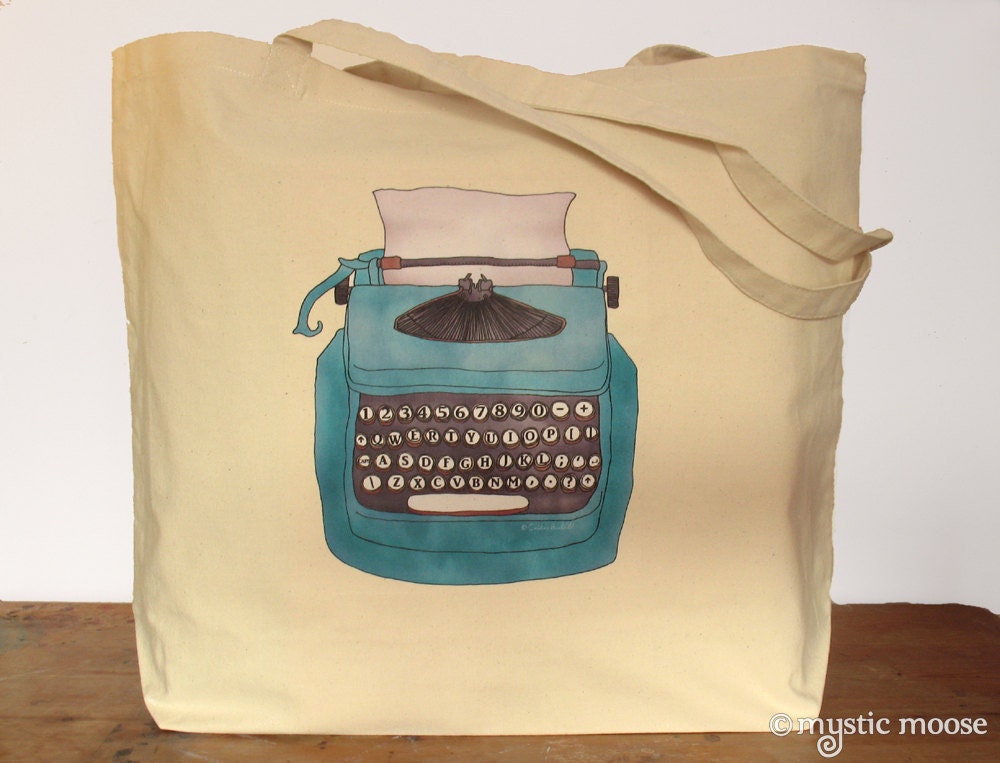 Blue Typewriter Illustration Large Canvas Tote Bag