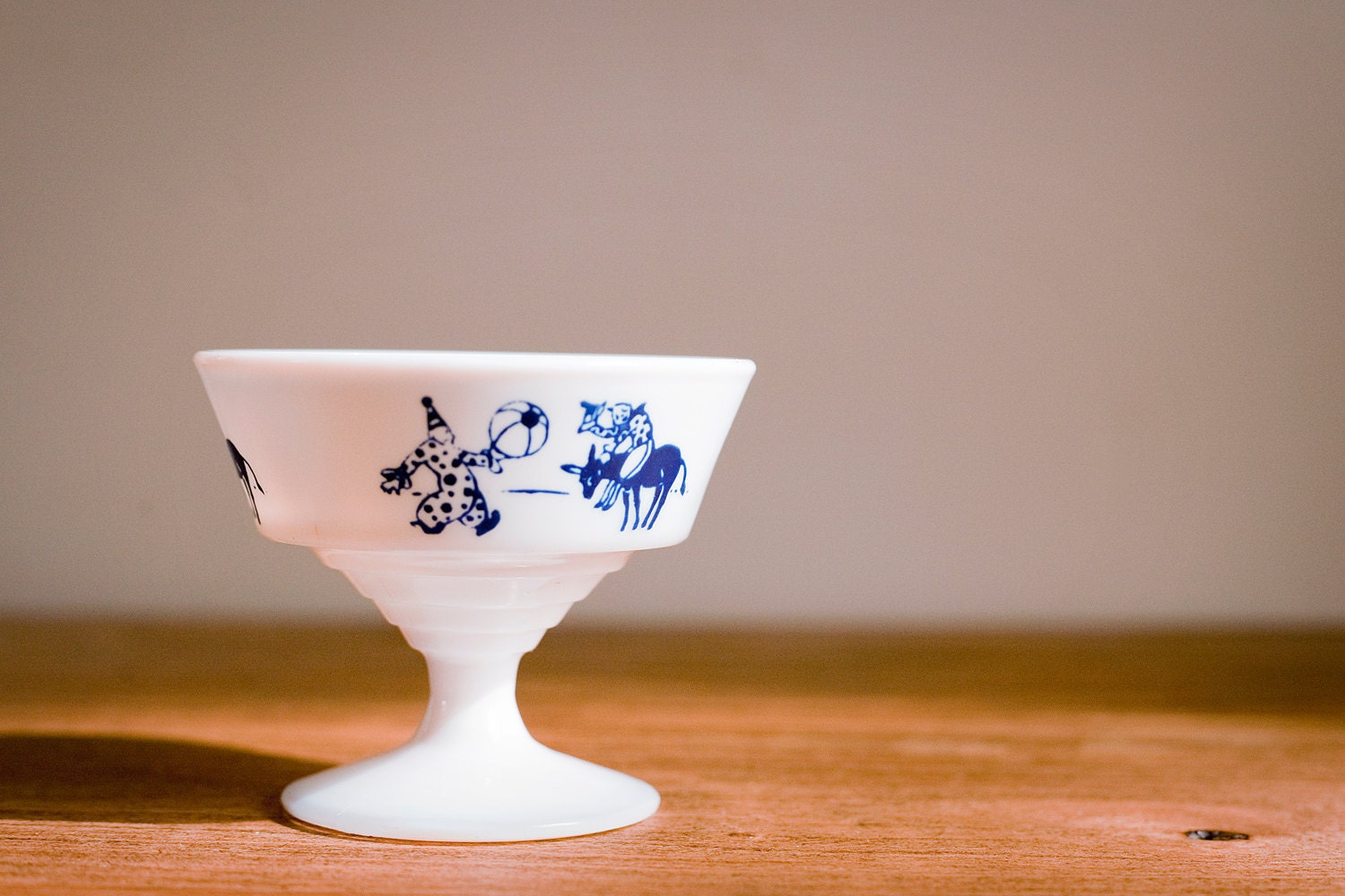 Vintage Milk Glass Custard Cup or Ice Cream Bowl With Circus Clowns and Donkey