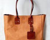 Handmade Tan Leather Tote Bag with Cognac Handles