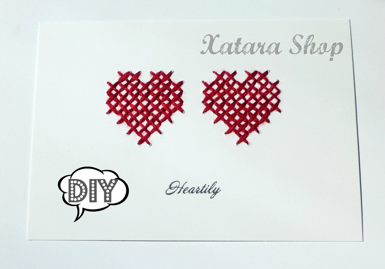 DIY. Cross stitch card. Valentines gift. Hearts wall art with personalized message for framing.