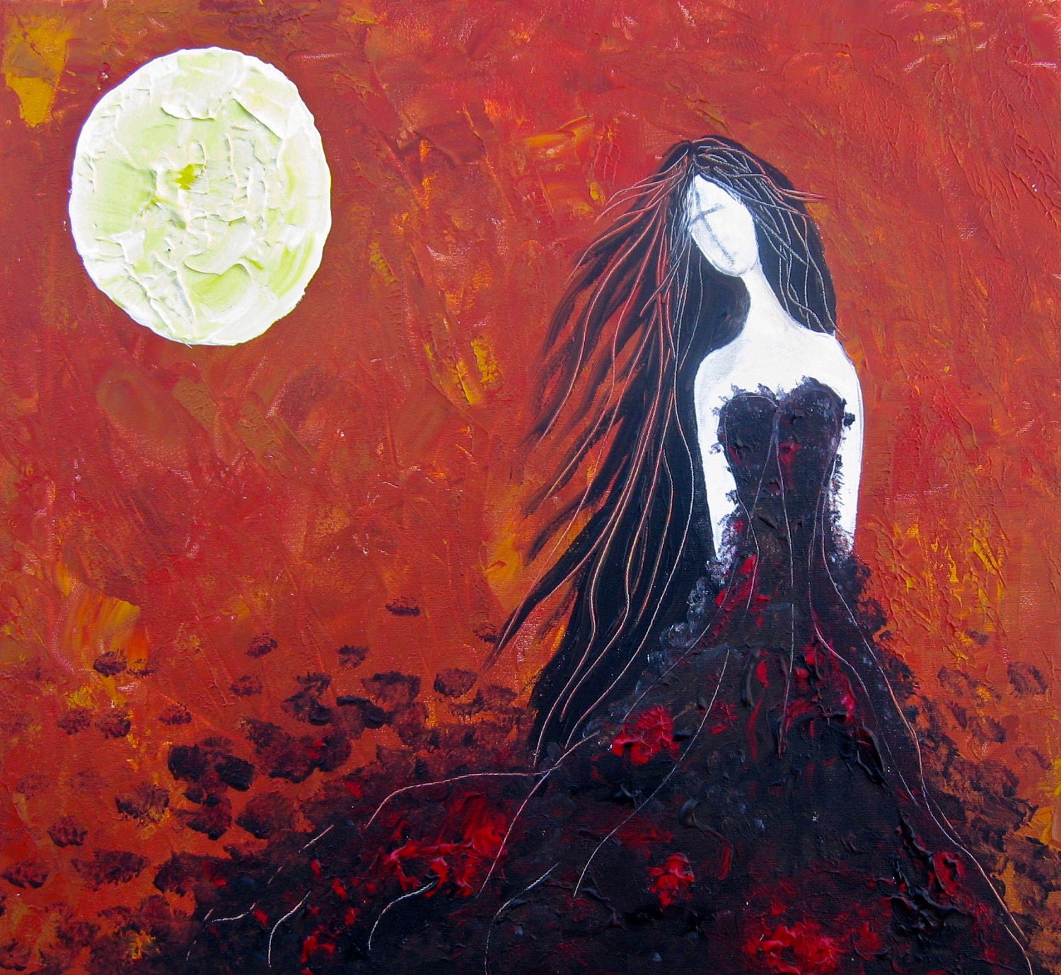 Original Painting - Paintings on Canvas - Abstract Art - Figurative Art - Landscape Moon Red Rust Sunset Woman Expressionism 22x28