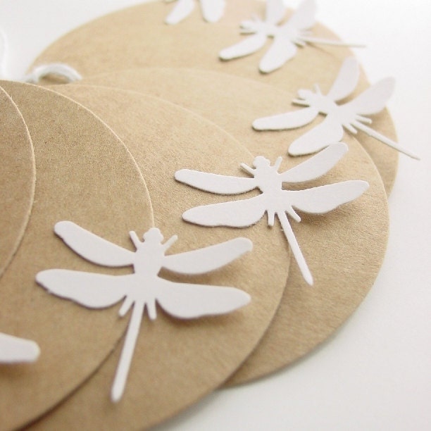 Kraft Tags with White Dragonfly (Set of 6)