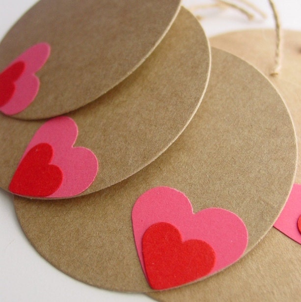 Kraft Tags with Red on Pink Heart (Set of 6)-Wedding-Valentine-Love-XOXO-Gift-Paper Goods-Circle-DieCut-Heart