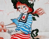 Vintage girl at the beach. Retro fabric for sewing crafts. Red border with polka dots. Very popular at Spain at 60s 70s 80s