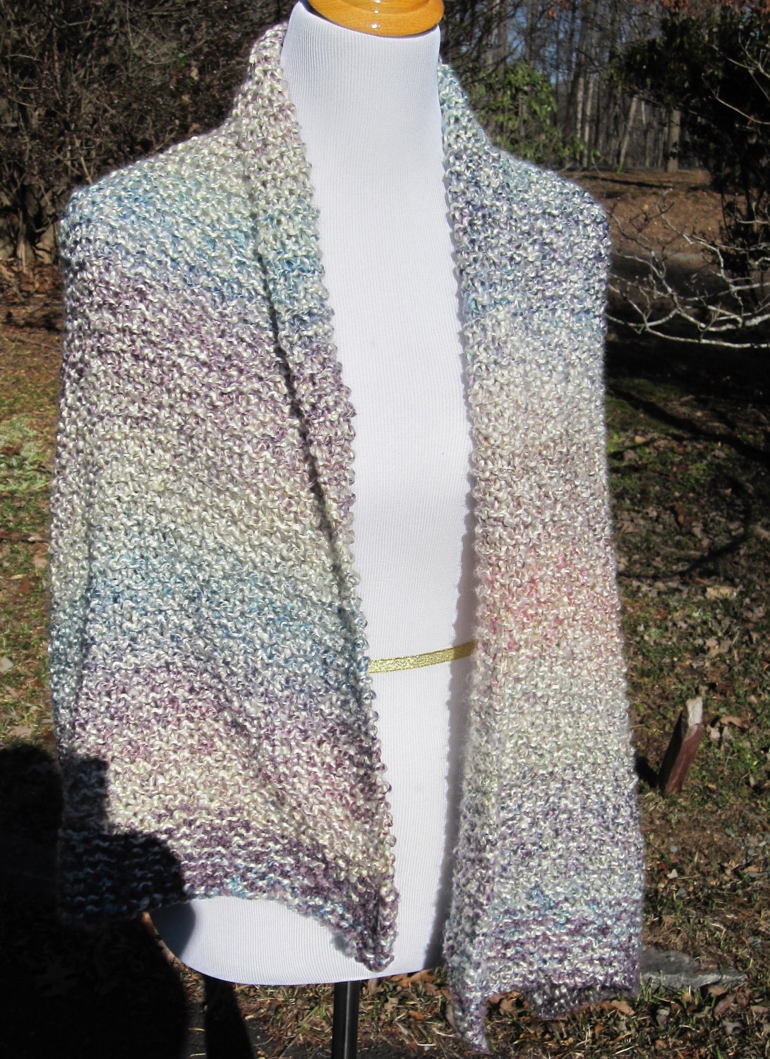 Knit Tudor  Cream, Blue and Purple Homespun Shawl with Purple Ends