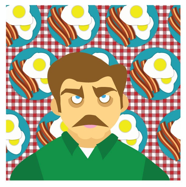Mr Bacon Hero Square - Original 8.5" x 8.5"  print. Mustachioed man with an affinity for Bacon & Eggs