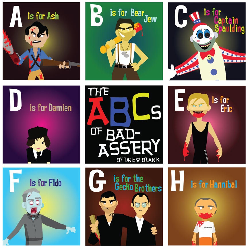 ABCs of Bad-Assery / 3 Poster Prints of Killers from Horror & Action movies 12"x12" prints Evil Dead Jason Freddy Shaun of the Dead