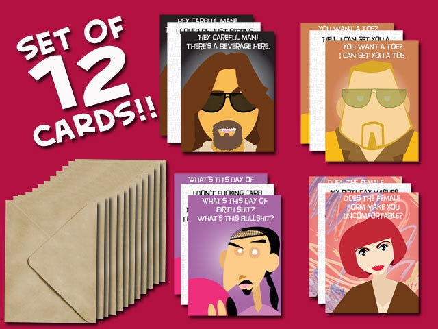Big Lebowski Birthday Cards - 12 greeting cards and envelopes perfect for home, office, school, church