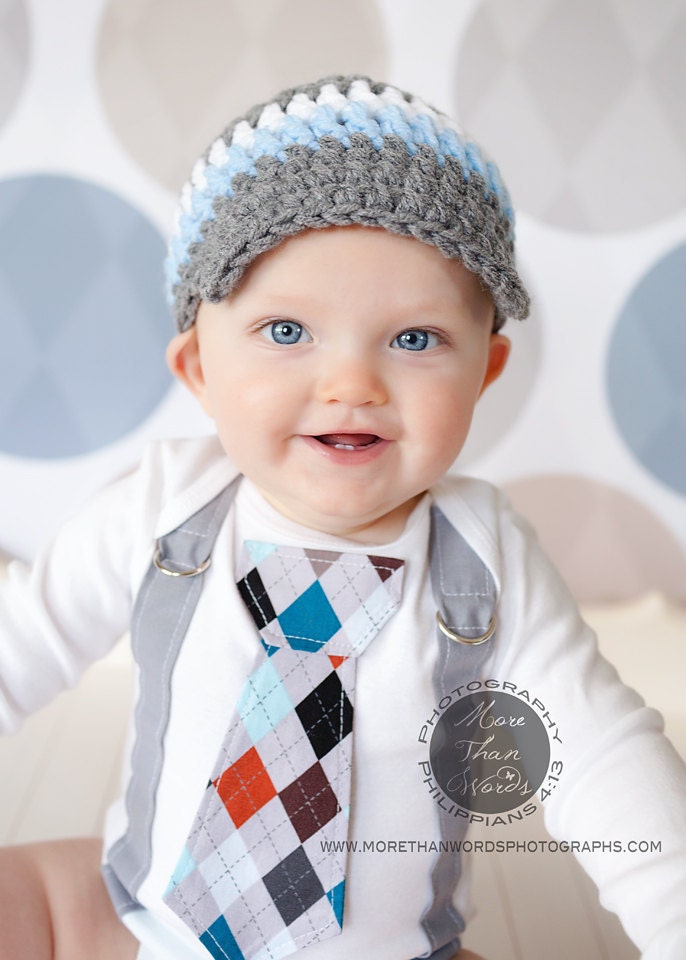 GET THE SET Blue Baby Boy Tie Onesie or Shirt with Suspenders and Crocheted Hat -Pick your own