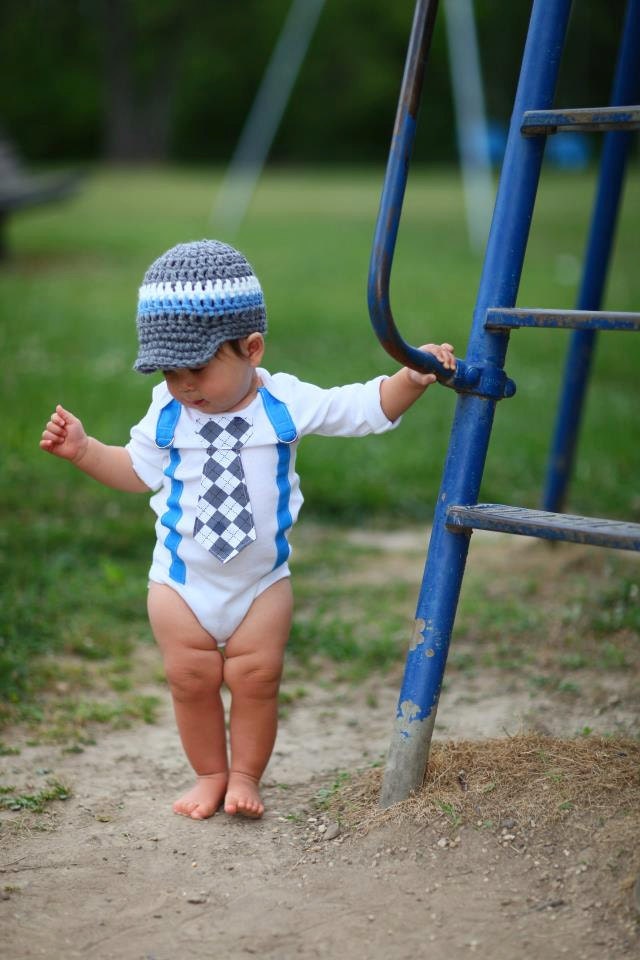 Get the Set - Lil' Rebel Blue, White and Grey Argyle Boy Tie Onesie or Shirt with Suspenders and crocheted hat