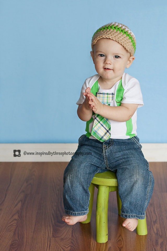 Baby Boy, Green Plaid Boy Tie Onesie or Shirt with Suspenders - or PICK YOUR OWN