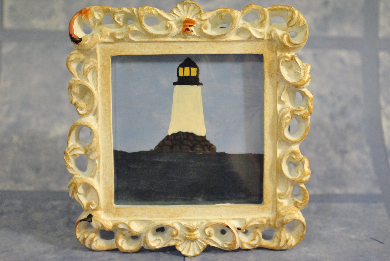 Lighthouse on Rocks Framed Folk Art Mini Original Painting