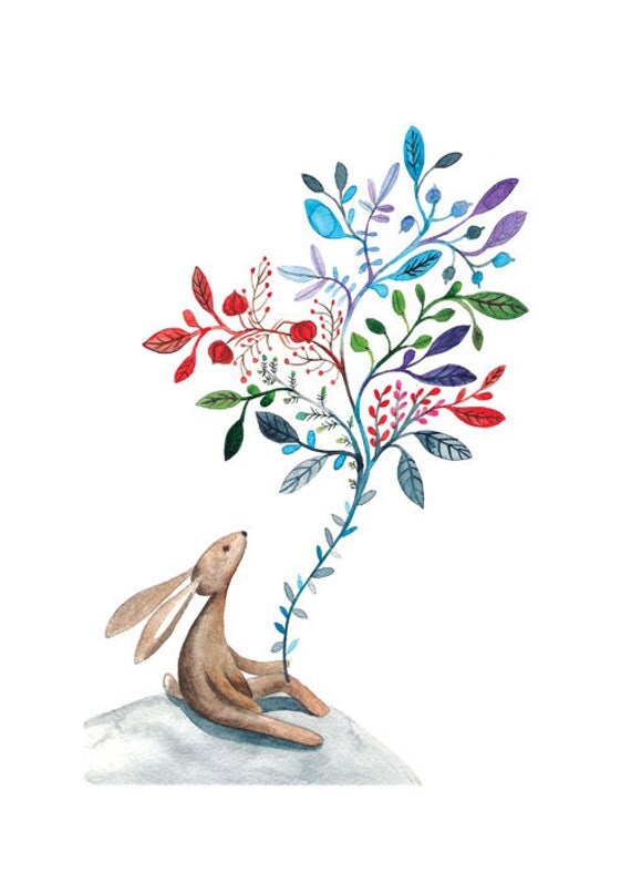 Dreamy Rabbit Children Print Illustration Watercolor Floral Animal