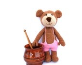 stuffed teddy bear, amigurumi, crocheted woodland animal, plushie toy, brown pink, cuddly softie animal doll, pastel colour, caramel