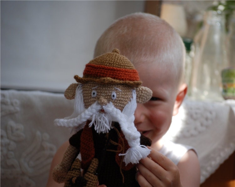 OOAK, crocheted art doll, amigurumi gnome, stuffed fairy figure, collectible human doll, soft sculpture figurine, beige, chocolate brown