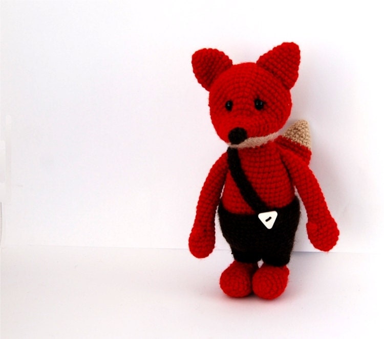 stuffed fox, amigurumi crocheted animal, plushie vulpine, woodland, forest, toy for children, OOAK, red and dark brown, cuddly doll