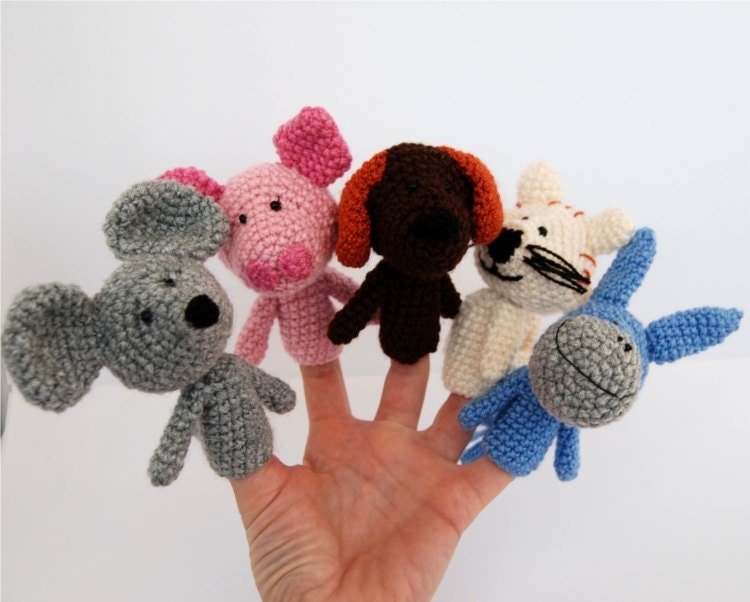5 finger puppet, crocheted mouse, cat, dog, pig and donkey, amigurumi domestic animals, pastel multicolour