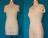 SALE// Ivory Knit Cap Sleeve Sweater with Sheer Beaded Neck "movietone" S 1940