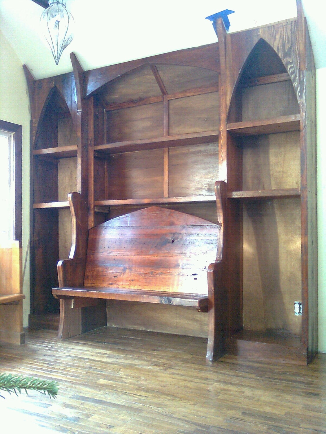 Gothic Custom Bookcase With Bench Made of Reclaimed Fir
