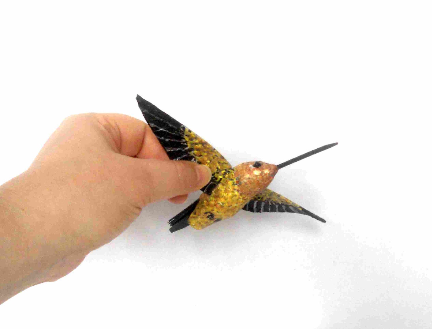 Papier mache bird sculpture Art Gold Hummingbird original designer handmade