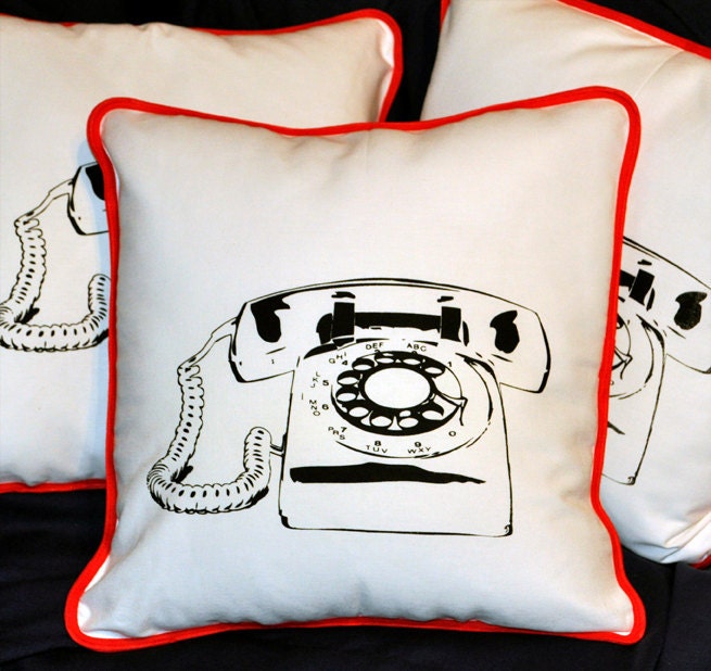 SALE. Retro Telephone. Vintage Phone Pillow. Screen Printed Vintage Fabric 1970s