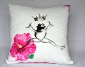 Fantastic Frog Prince Screen Printed Pillow Cushion Cover on Vintage Retro Fabric