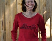 Red Cat and Mouse T shirt Hemp Screen Printed Sustainable Women's Size 12,16, 18