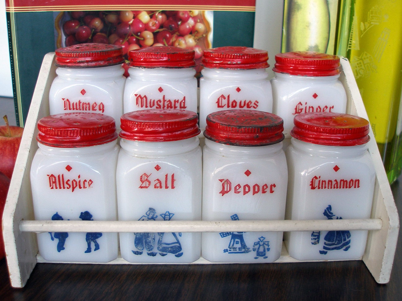 SALE-Take 25% off at checkout: Vintage Tipp City Dutch Dove Milk Glass Spice Set (1940s )
