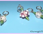 Stitch Markers - Spring Pink and Green Lampwork Bead - Set of Five