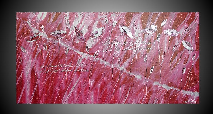 Abstract Acrylic Painting Poppies Flower Fluid Art Deco large Canvas Carmine White Black Silver Original Ready to hang 40 x 20 FREE SHIPPING