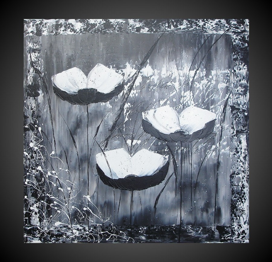 36 x 36 XXL Acrylic Paintings Abstract Poppies Floral Flower large Canvas Black White Modern Art Deco Ready to Hang FREE SHIPPING