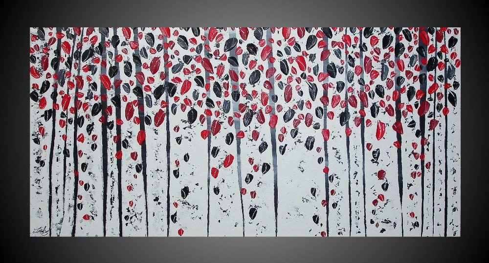 Abstract Acrylic Painting Large Canvas Birch Trees Forest Landscape Textured Black White Grey Red 3D Art Deco FREE SHIPPING 48 x 24 x 1,6