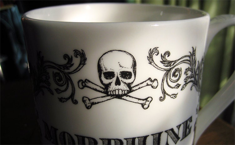 The New Apothecary Morphine Cup. Coffee mug, tea cup, coffee cup with skull illustration.