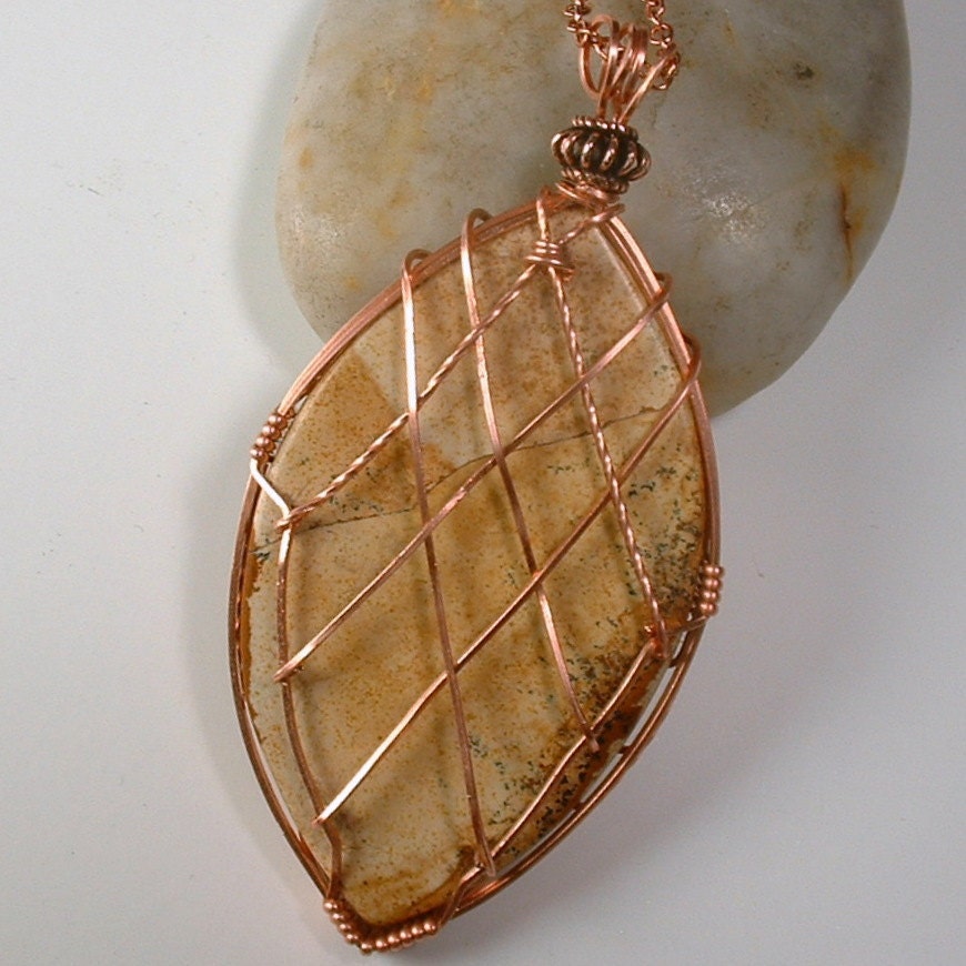 Cream and Brown Picture Jasper Marquise Wire Wrapped Pendant in Copper