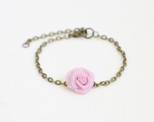 Flower Bracelet - spring wedding, pastel pink rose, antiqued bronze bracelet, flower charm bracelet, bridal, bridesmaids gift,
