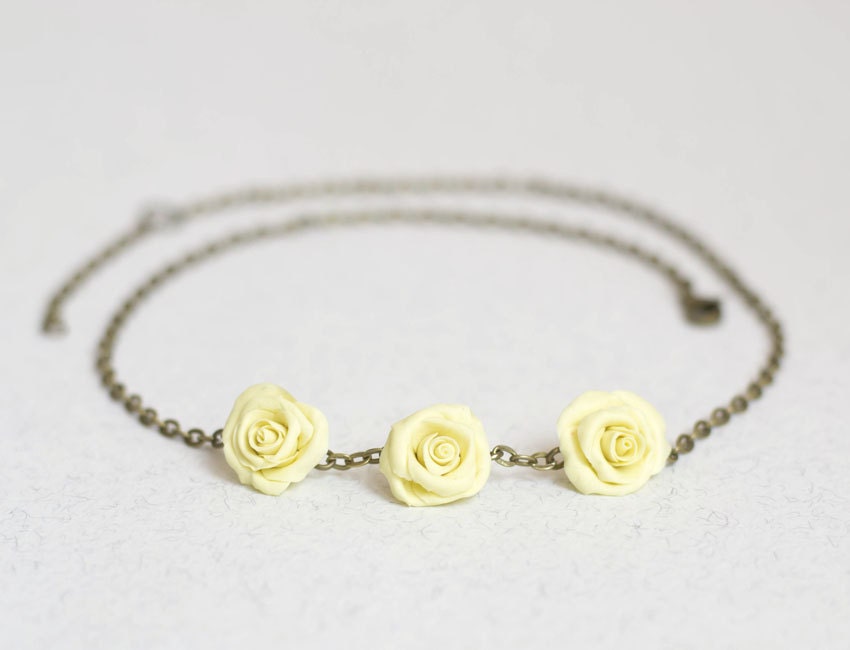 Yellow Roses Necklace - flower necklace, antique bronze necklace, bridal, bridesmaids gift, spring wedding