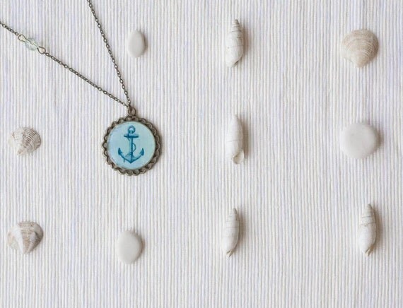 Necklace with a navy anchor on mint background - blue anchor, blue and green