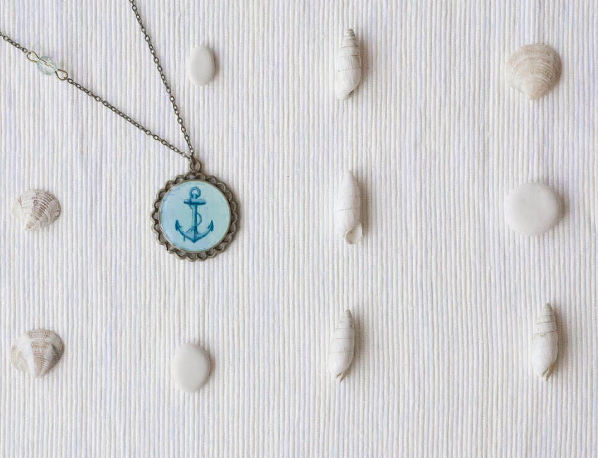 Necklace with a navy anchor on mint background - blue anchor, blue and green