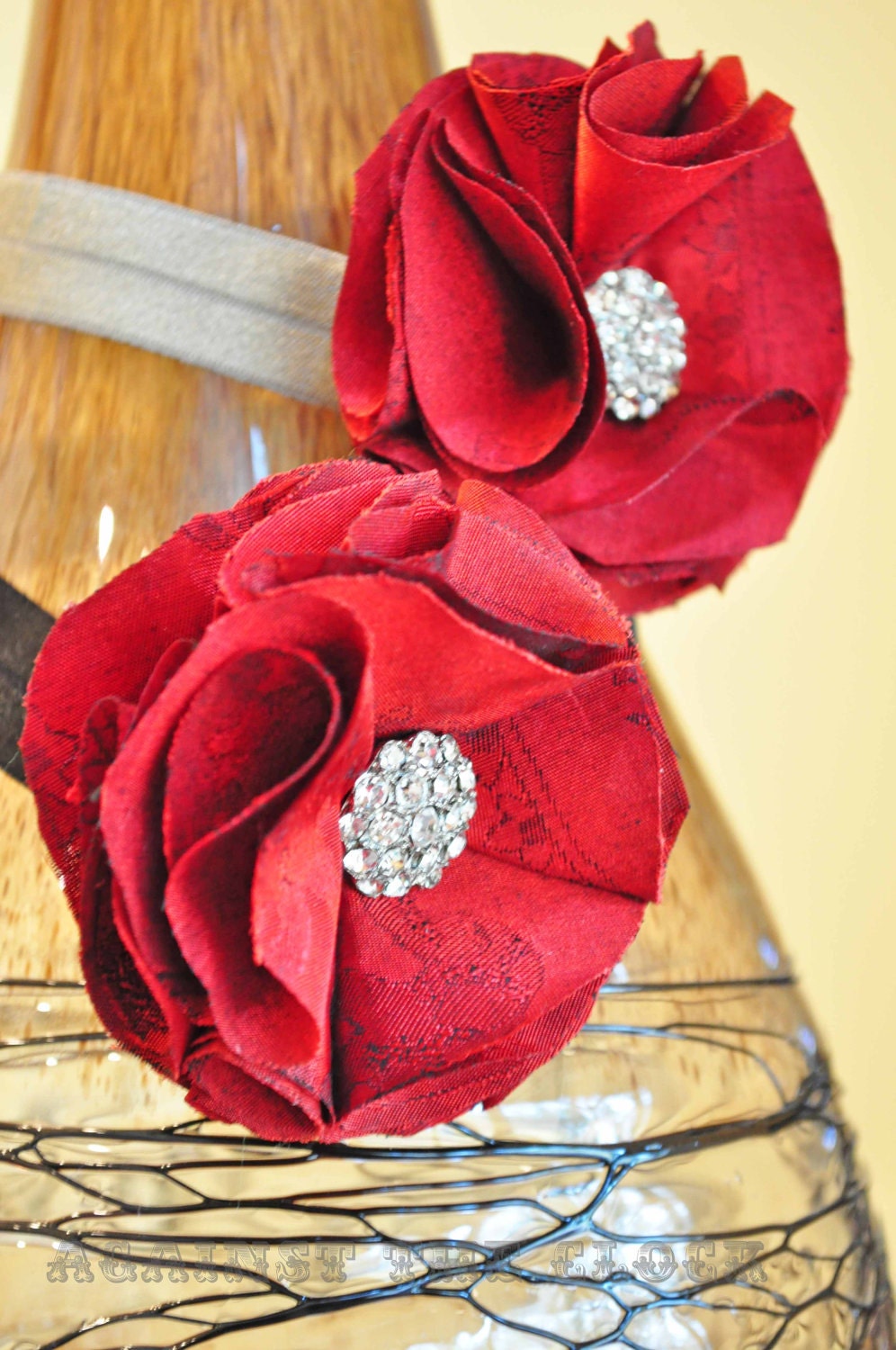 Red headband with rhinestones, ruby red silk, all sizes, Special event
