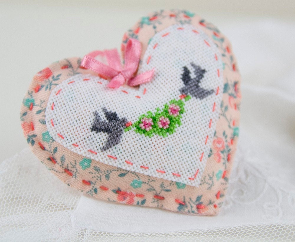 Love - cross stitch valentine heart with two little birds (romantic)  - decoration easter tree