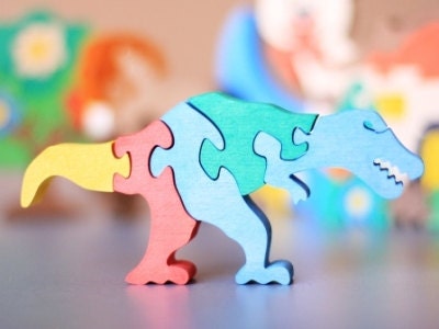 Colorful Wood/Wooden Puzzle Dinosaur Tyrannosaur . Handmade - Ready to Ship. Wooden toy for baby. kids
