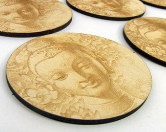 Engraved and cut wooden coasters set - Buddha