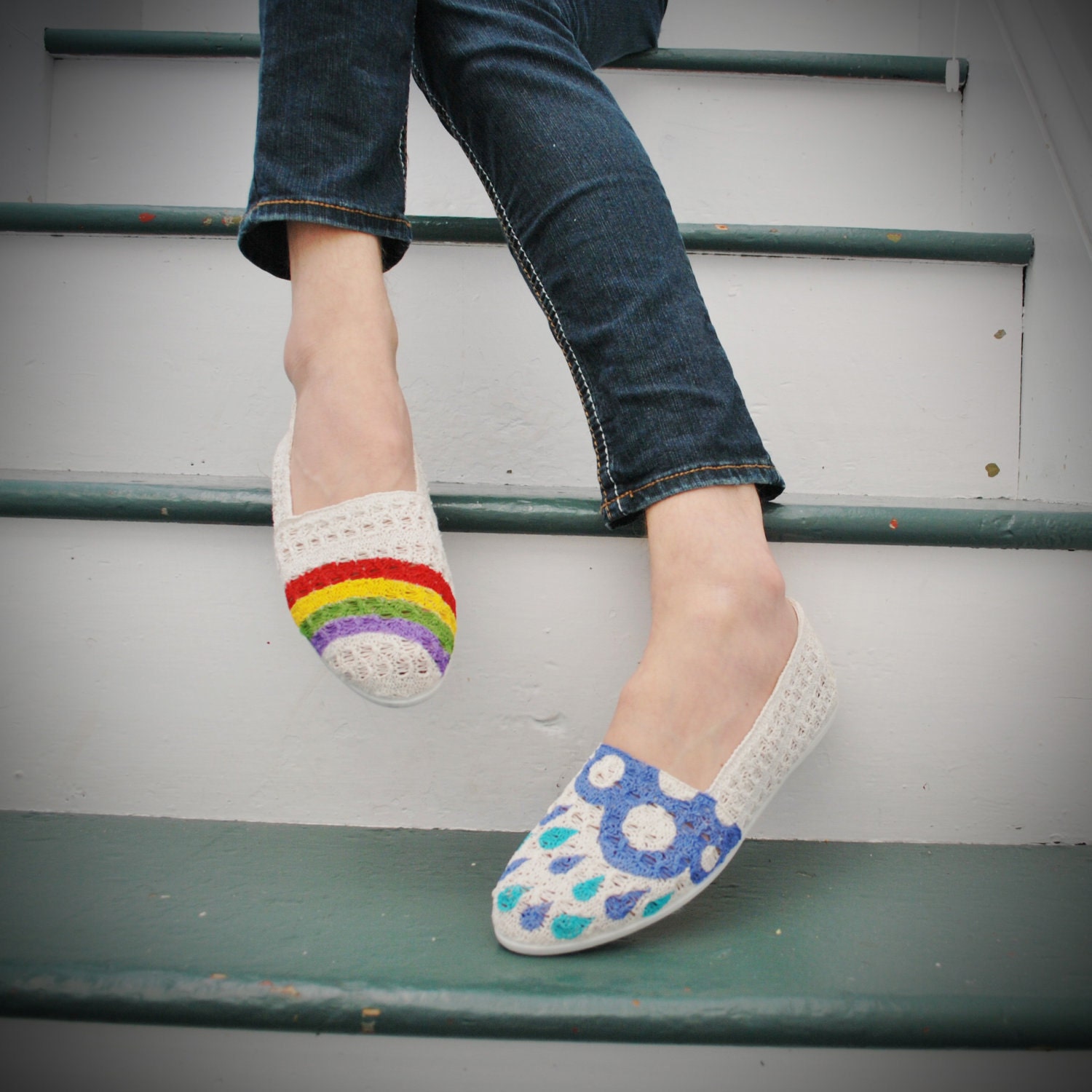 Hand Painted Flats - Hope - Rainbow, rain cloud, and raindrops - size 7 shoes