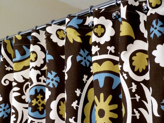 Brown Shower Curtain With Off-White and Blue Celtic Patterns on Brown Backdrop sized 72" x 72" (curtain hooks sold separately)