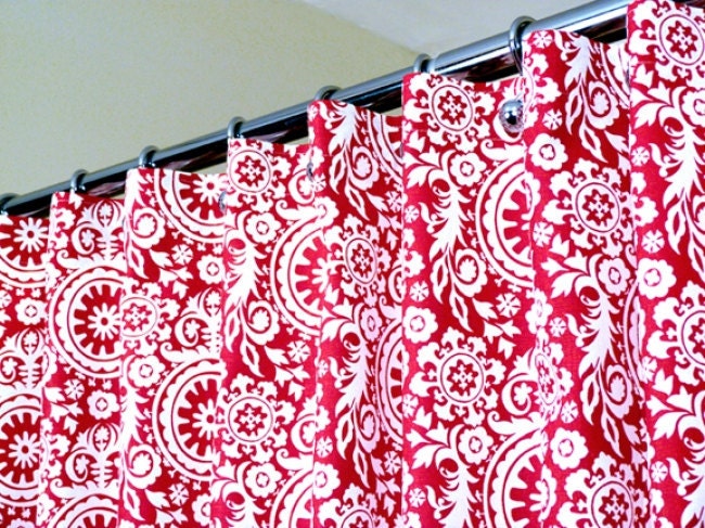 Shower Curtain in Lipstick Red & White Floral (Suzani) Pattern sized 72" x 72" (curtain hooks sold separately)