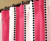 Pink Shower Curtain With Candy Pink & White Stripes and Cascading Black Dots sized 72" x 72" (curtain hooks sold separately)